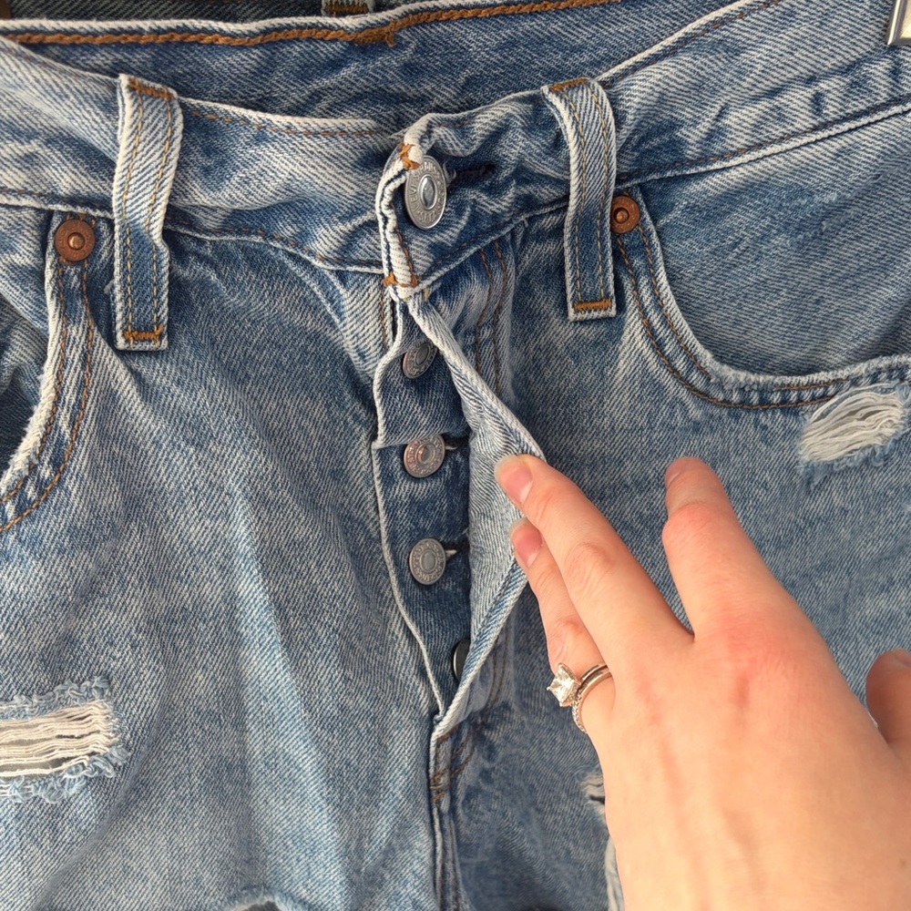 Levi's 501 Light Blue Distressed Denim Cutoff Shorts - Picture 3 of 5